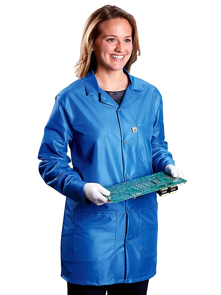 ESD-safe lab coat / smock with grounding grid