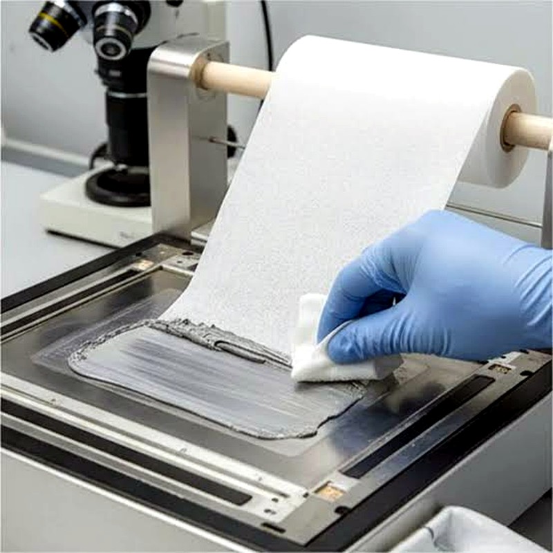 Under-stencil wipe roll cleaning an SMT stencil