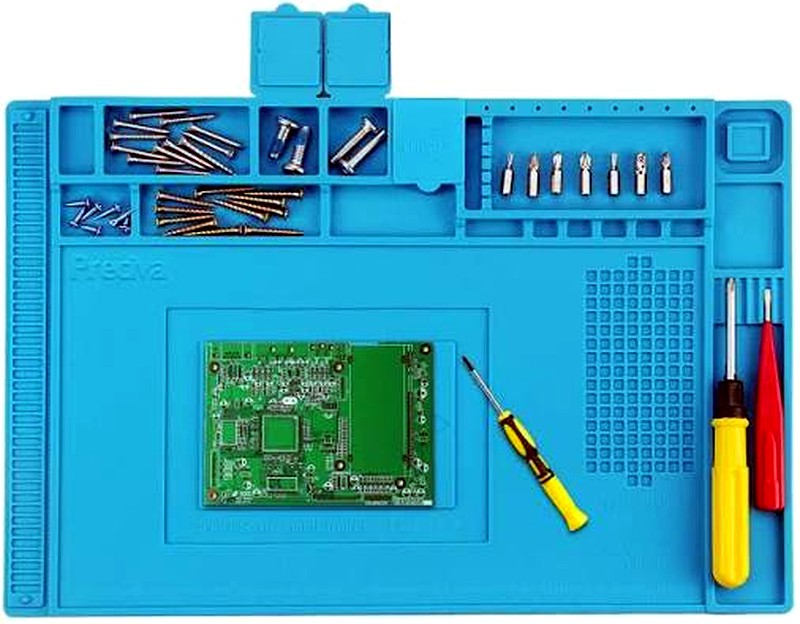 Heat-resistant silicone soldering & repair mat with parts trays