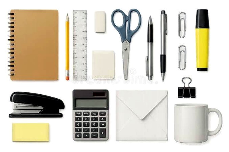 Assorted desk stationery: pens, scissors, stapler, calculator, notebook