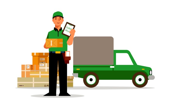 Delivery agent with parcels and a delivery van