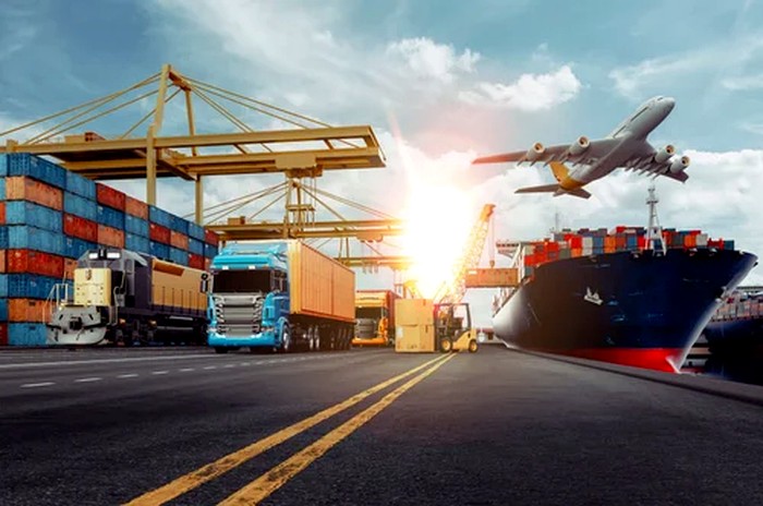 Container port with cargo ship, truck and aircraft