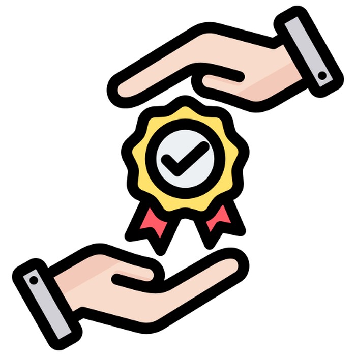 Quality guarantee badge handed between two hands